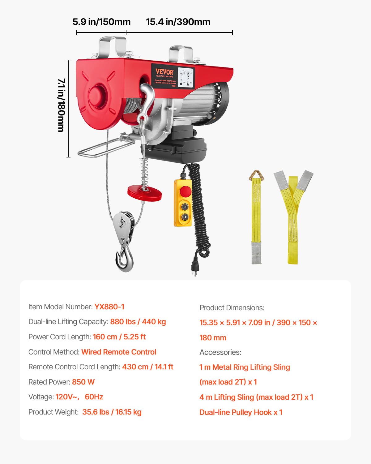 VEVOR 880lbs Electric Hoist with 14 FT Wired Remote Control, Electric Hoist 110 Volt with 20-40 FT Lifting Height for Garage Warehouse Factory