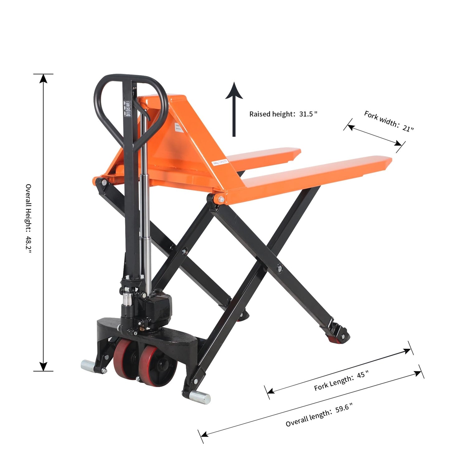 Tory Carrier Manual Scissor Pallet Jack Hand Truck Lift 2200lbs Capacity 45" Lx21 W Fork, 3.3'' Lowered, 31.5'' Raised Height for Open Bottom Pallet