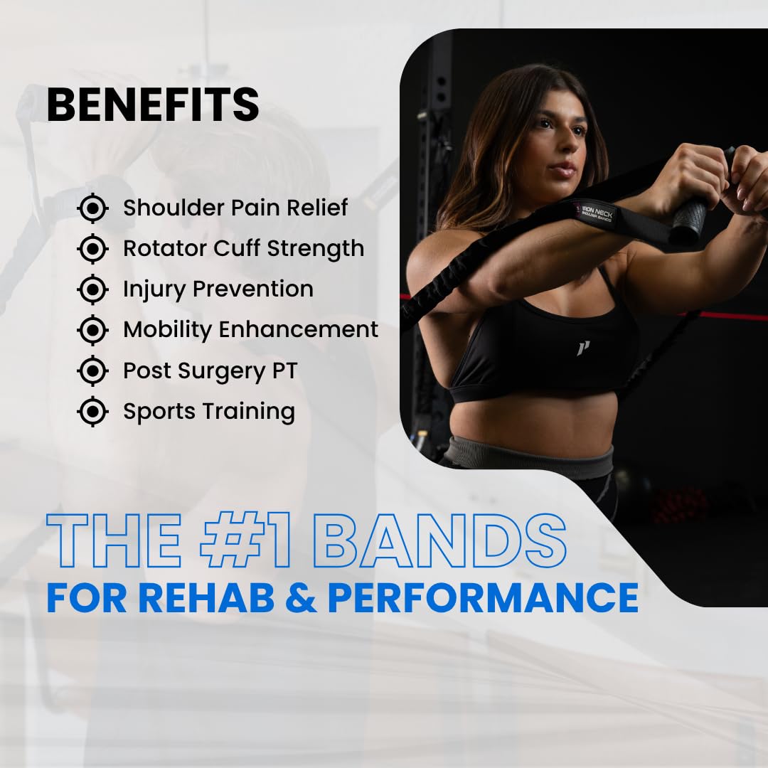 Iron Neck Shoulder Resistance Band System – 3 Level Rehab & Performance Kit with Door Belts & Anchors – 5lb, 10lb, 25lb Bands – Bundle with Iron Neck Alpha Neck Harness