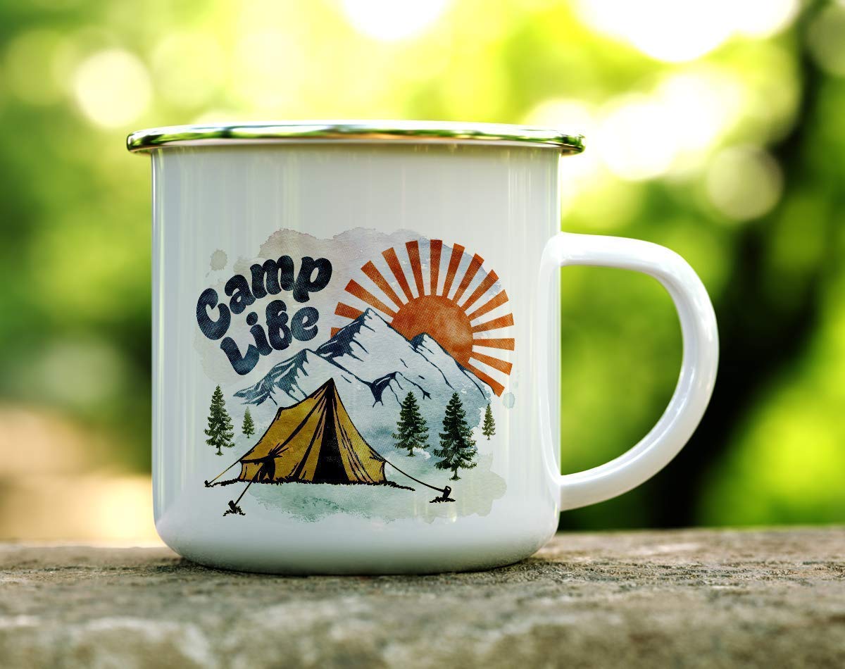 Loftipop Camp Life Enamel Campfire Mug, Outdoor Camping Coffee Cup, Mountain Nature Hiking Lover Gift (12oz)