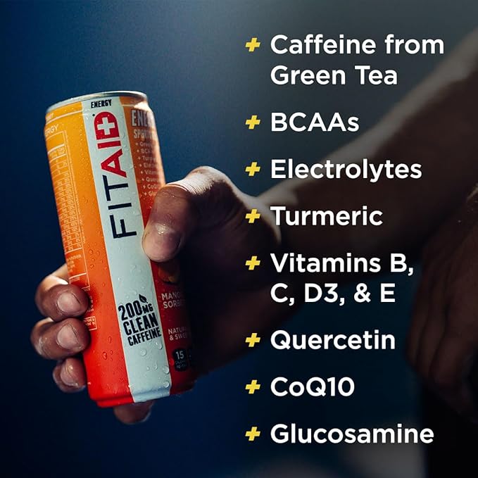 FITAID ENERGY, 200mg Natural Caffeine, Keto, Mango Sorbet, Optimum Performance Formula: BCAAs, Quercetin, Electrolytes, Omega-3s, 15 calories, Paleo, Vegan & Gluten-Free 12 Fl Oz (Pack of 12)