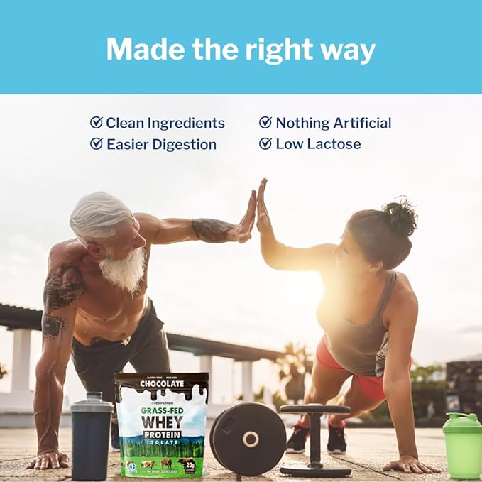 Opportuniteas Grass Fed Chocolate Whey Protein Isolate Powder - 20g Protein Powder Without Artificial Sweeteners, Hormone-Free Cows, Non GMO - 2.5lb
