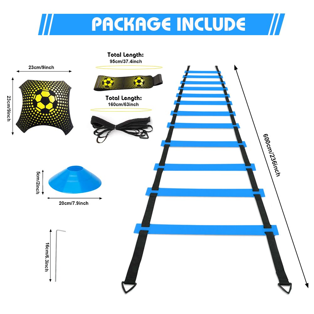 YGORTECH Soccer Training Equipment Set - 20FT Agility Ladder, 12 Soccer Cones, Kick Trainer, Speed and Agility Training Equipment for Indoor/Outdoor Practice Blue Ladder