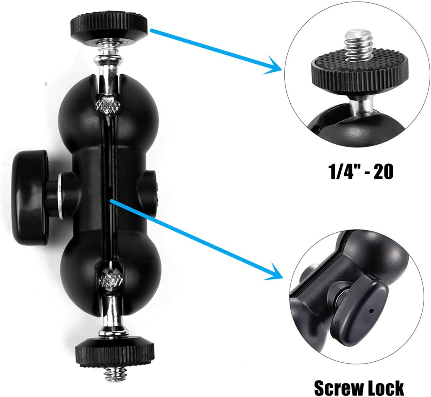 WANBY 1/4" 3/8" Double Ballhead Magic Arm Camera Clamp Mount Monitor Mount Bracket with Super Clamp with and Thread