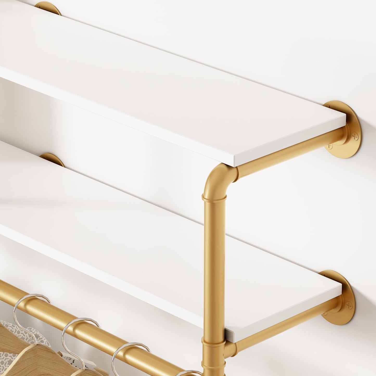ORSENIGO Industrial Pipe Clothing Rack with Shelves, Gold Wall Mounted Clothes Rack for Home Retail