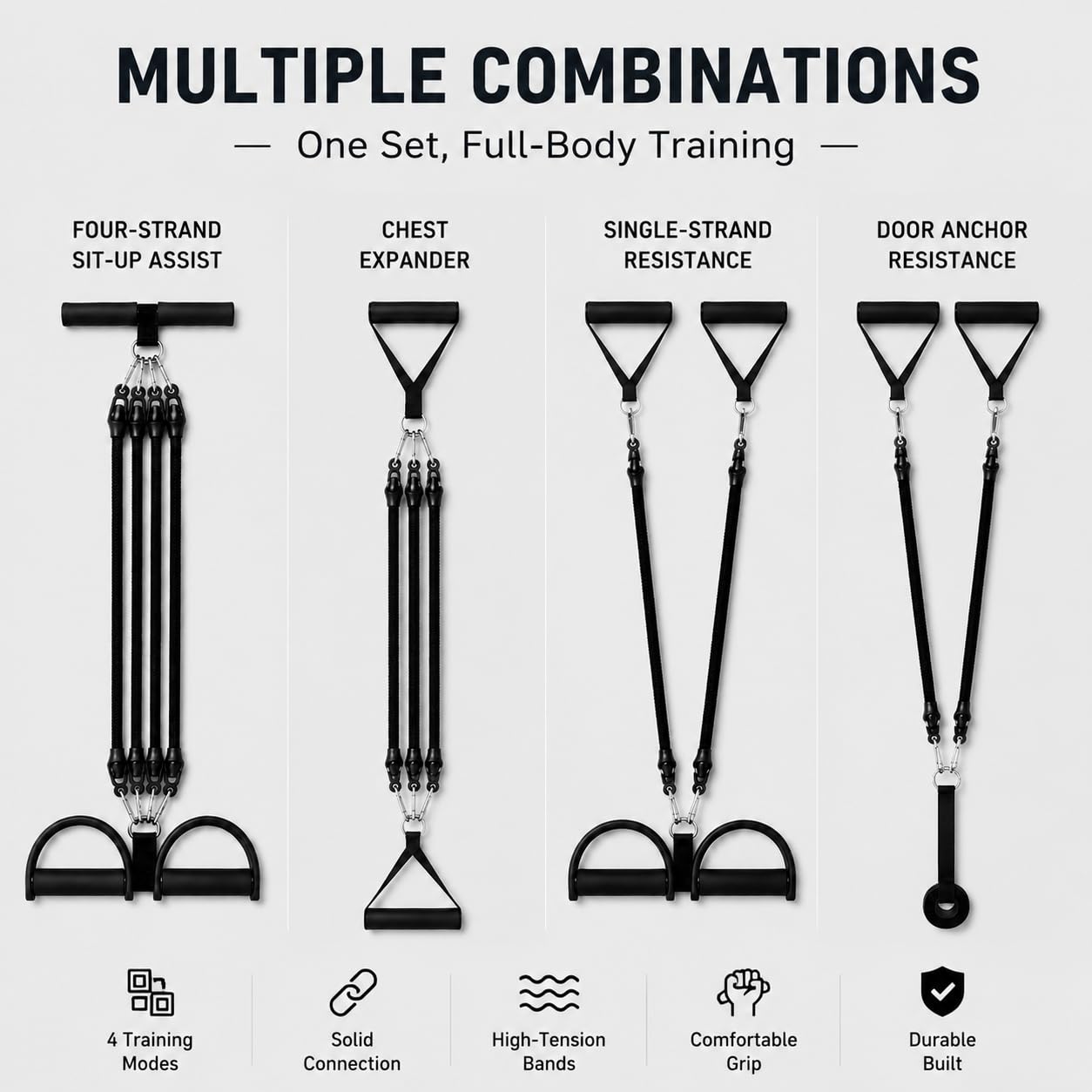 100LB Pedal Resistance Band with Handle, Portable Adjustable Tension Rope, Heavy Duty 4-Tube Full Body Exercise Equipment Set for Home Workout