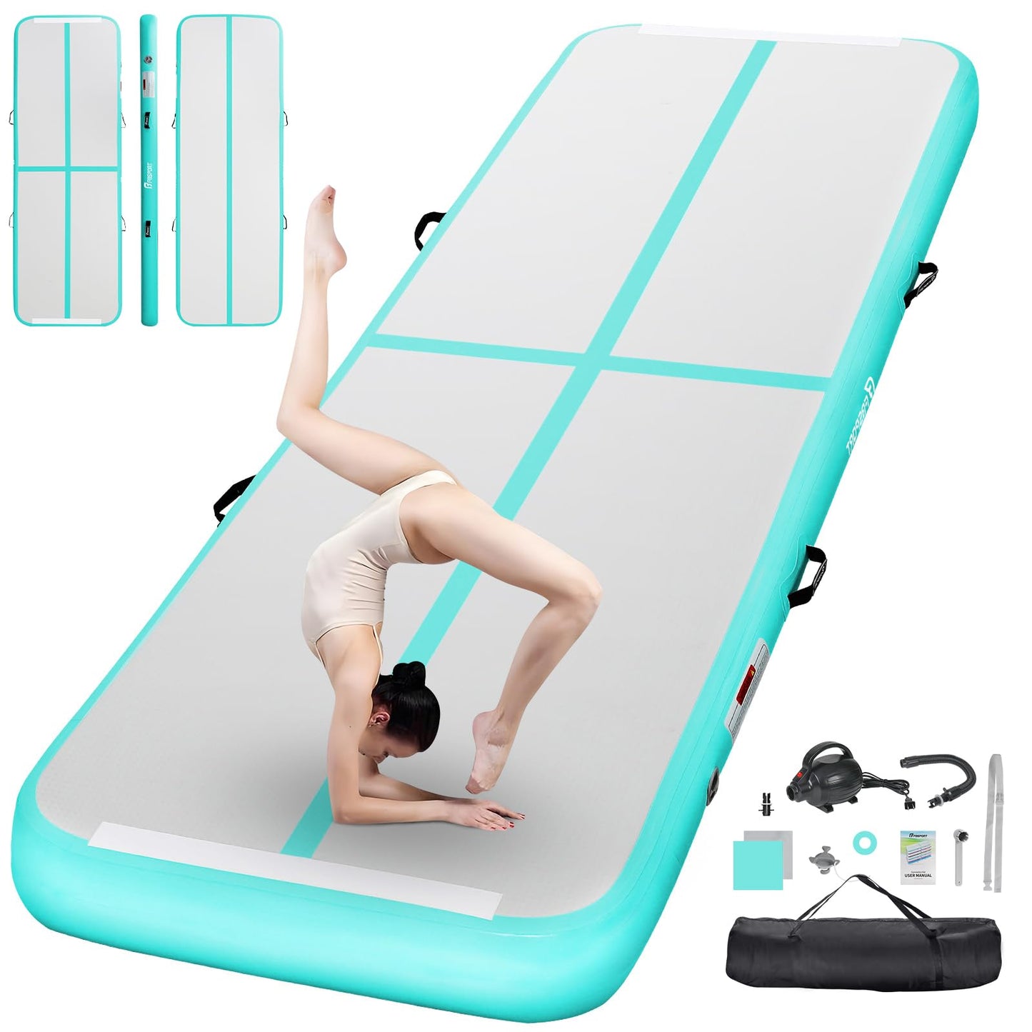FBSPORT Inflatable Air Gymnastics Mat Training Mats 4/8 inches Thickness Gymnastics Tracks for Home Use/Training/Cheerleading/Yoga/Water with Pump