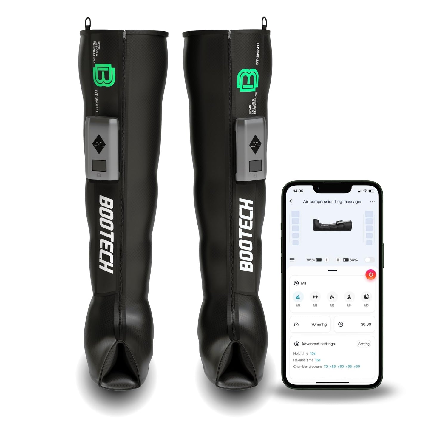 Bootech Leg Compression Recovery Boots for Circulation, Cordless Air Compression Therapy System Rechargeable Massage with 5 Modes, 5 Air Chambers, 3H Battery with Automatic Deflation Technology (M)