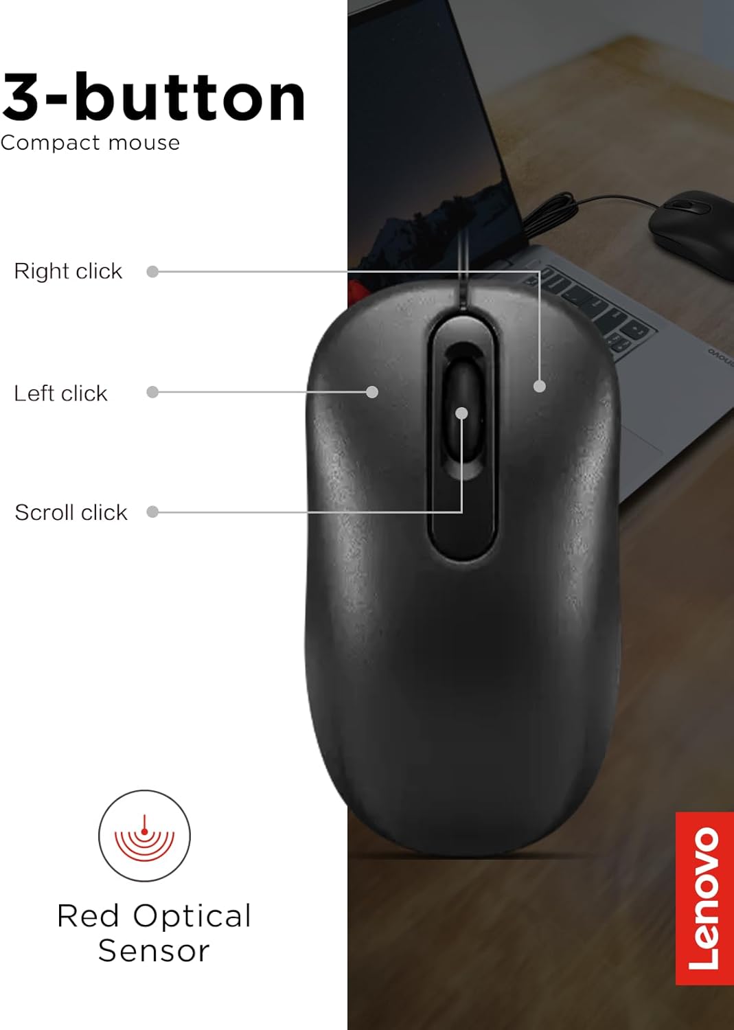 Lenovo 100 3 Wired USB Computer Mouse for PC, Laptop, Computer with Windows - Full-Size - Ambidextrous Design - Buttons