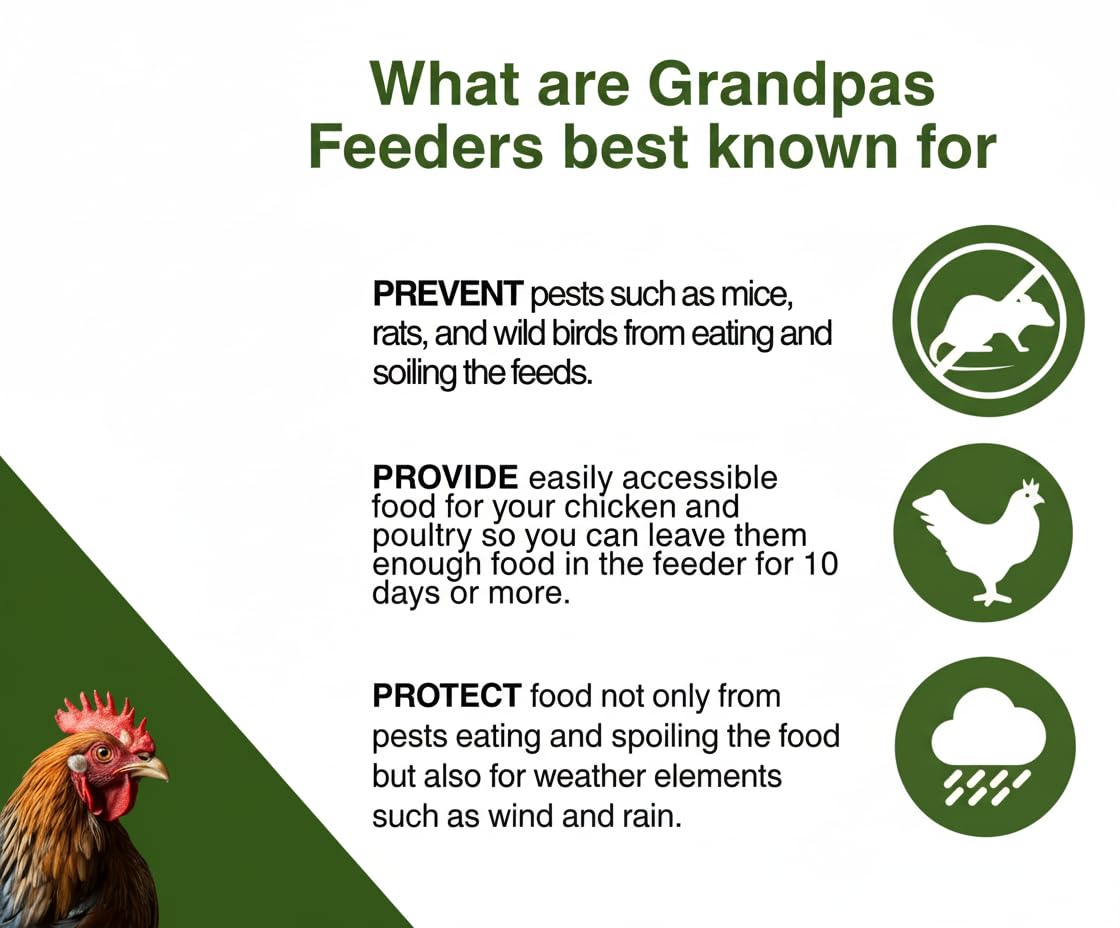 Grandpas Feeders Automatic Chicken Feeder - 40 lbs No Waste Poultry Feeder, Rat Proof & Rodent Proof Treadle Chicken Feeder, Galvanized Steel with Lid, Feeds 6-12 Chickens up to 10 Days