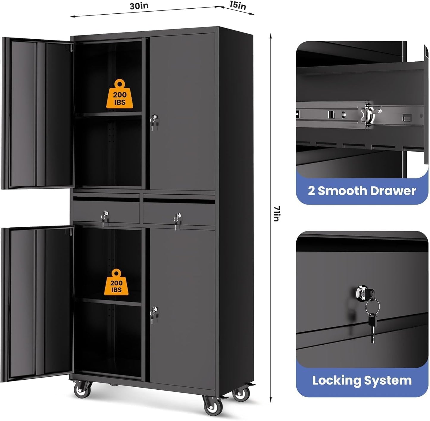 GarveeHome Garage Storage Cabinet, 73'' Metal Storage Cabinet with Wheels and Adjustable Shelves, Heavy Duty Storage Cabinet with Locking Doors and 2 Drawers for Office and Garage, Black