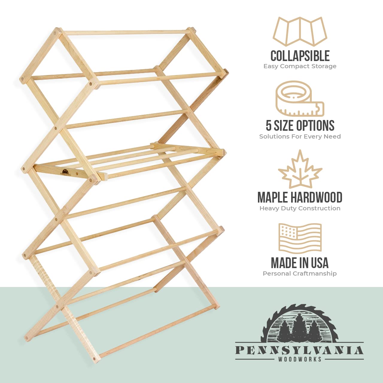 Pennsylvania Woodworks Clothes Drying Rack: Solid Maple Hard Wood Laundry Rack for Blankets, Towels, Bedding & More, Heavy Duty Folding Drying Rack, Made in USA, No Assembly Needed, XXLarge