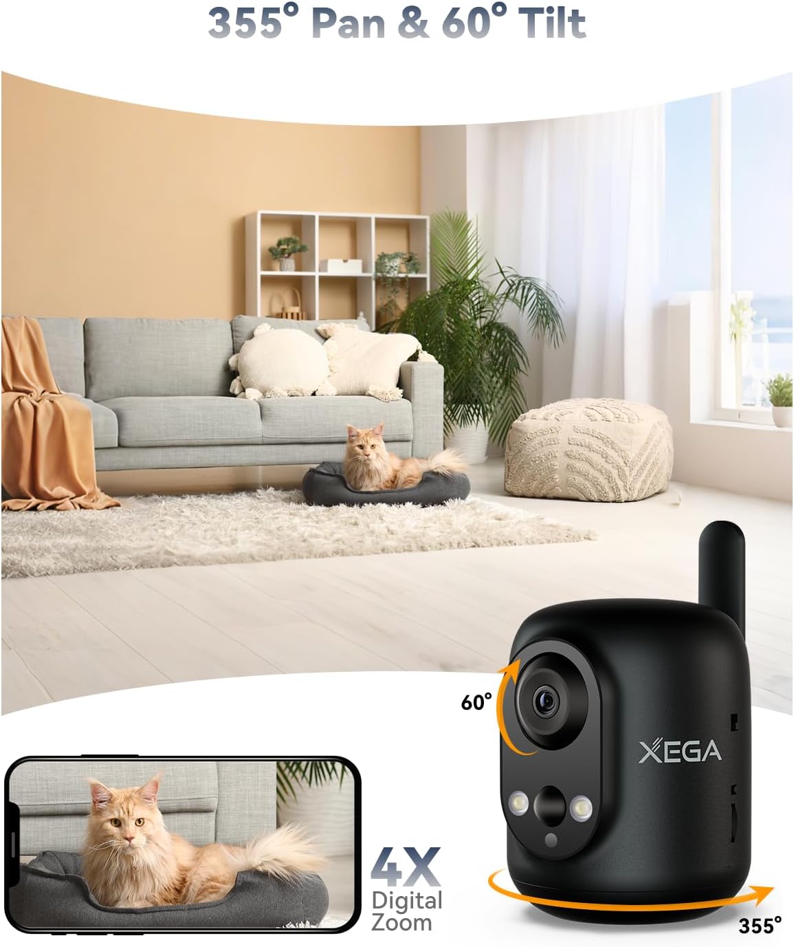 Xega 4G 2K 355P/60T, 6000mAh LTE Cellular Security Camera Indoor Wireless, No WiFi Camera for Baby/Pet/Elderly