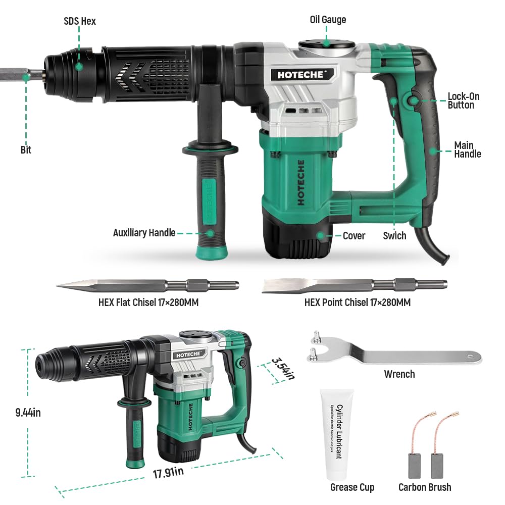 Hoteche 1050W Demolition Hammer, 15J Impact Force Jack Hammer with 4000/min Impact Frequency, Green, Color Box + Plastic Case Packaging