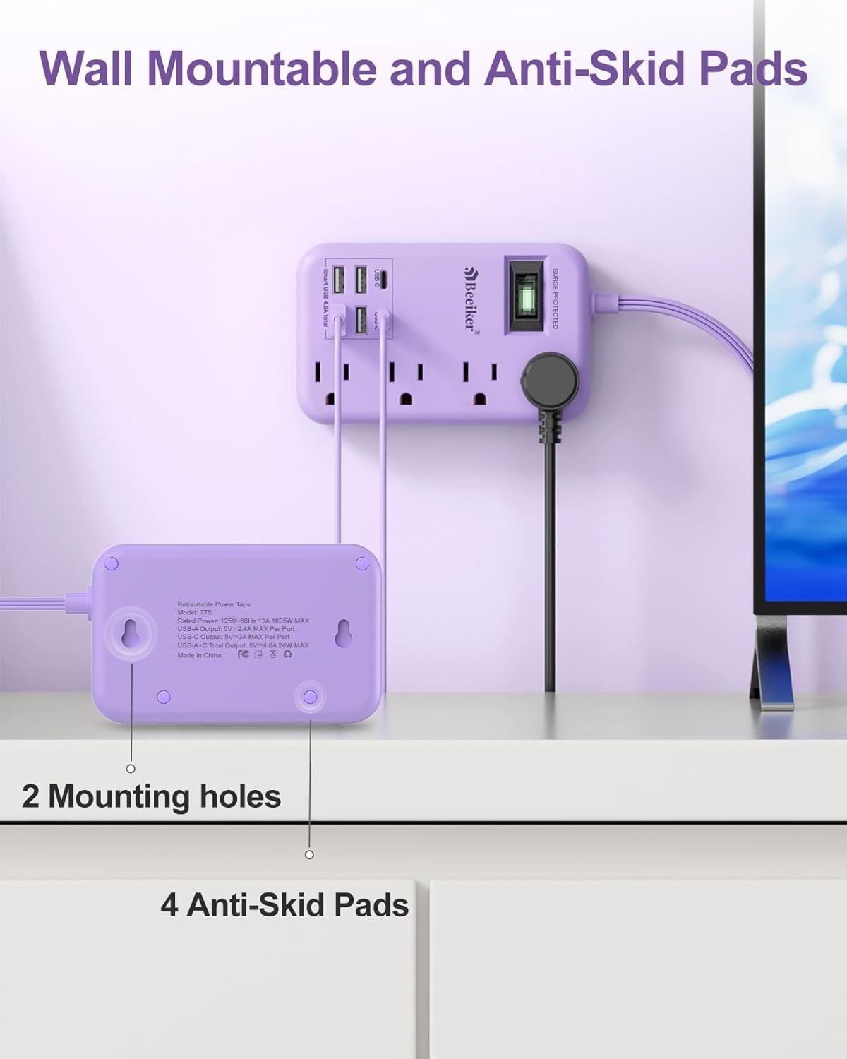 Beeiker 6 USB(2 10 24W 4 USB C) Purple Surge Protector Power Strip- Ft Purple Extension Cord with USB Charging Station