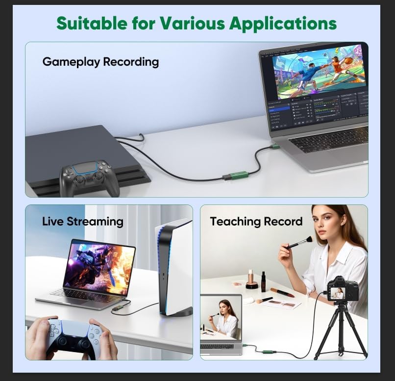 SROMGEE 4K 3.0 Card,1080P 60FPS 2/Xbox/PS5/4/Camera/Zoom/OBS(Green) Video Capture Card, HDMI to USB Capture Capture