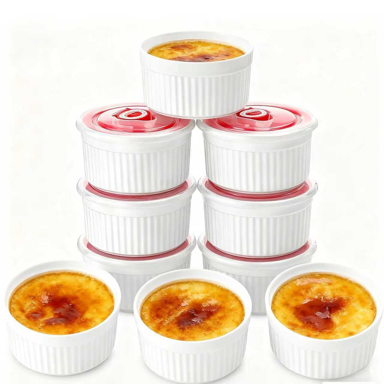 Mfacoy Ramekins with Lids Set of 6, 8 oz Porcelain Creme Brulee Souffle Ramekins with Covers, White Pudding Custard Cups Ramiken for Baking, Small Bowls for Sauces Dessert, Dishwasher and Oven Safe