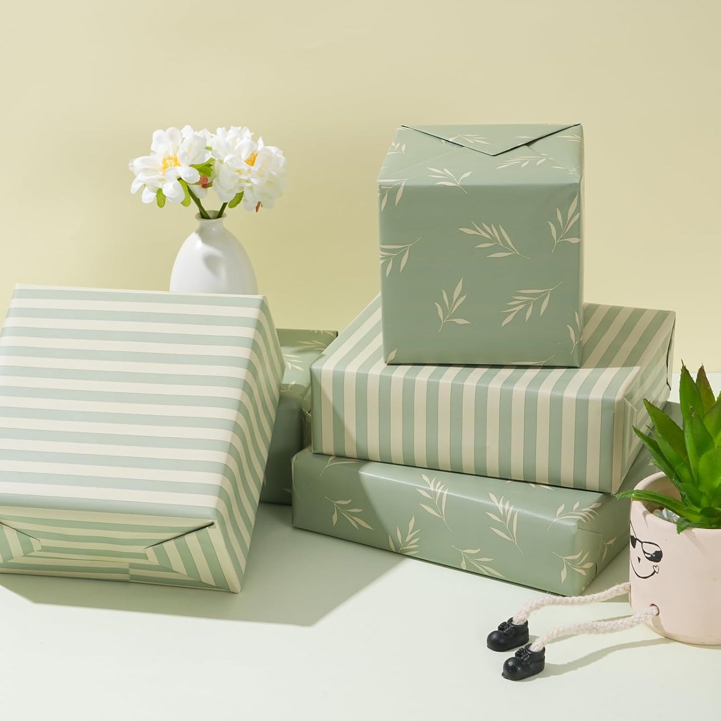ZINTBIAL Reversible Gift Wrapping Paper Roll - Light Green & Beige Leaves Design - 17.5" x 33' (48 sq. ft.)