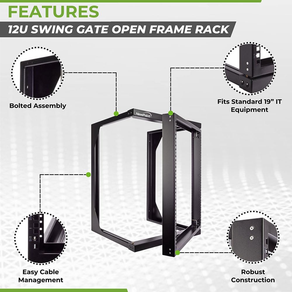 NavePoint 12U Server Rack with Swing Gate - Wall Mount Rack for 19 Inch IT Equipment Open Frame Rack – Network Rack Wall Mount for AV & Server Equipment 18” Deep Rack, Black