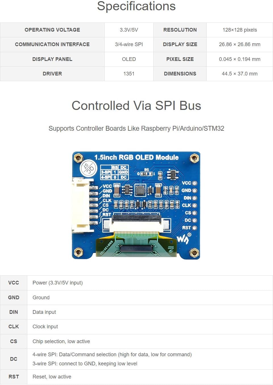 waveshare 1.5inch 128x128 16-bit (65K Communicating RGB OLED Display Module Pixels High Color Colors) with Embedded