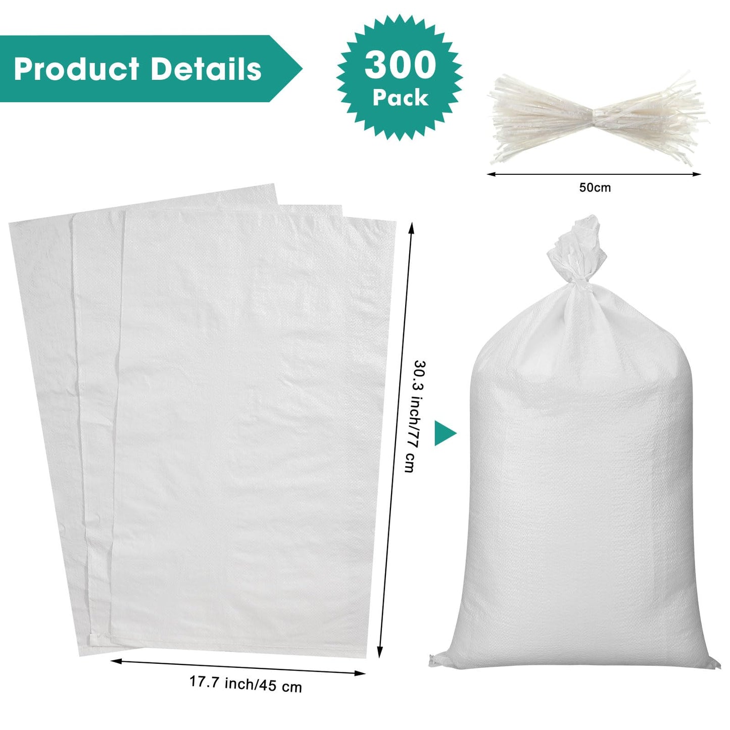Windyun 200 Pcs White Empty Sandbags with Ties 18 x 30 Inch White Woven Polypropylene Sand Bags Bulk, Heavy Duty Sand Bags Flood Water Barrier for Hurricane Flooding, Construction