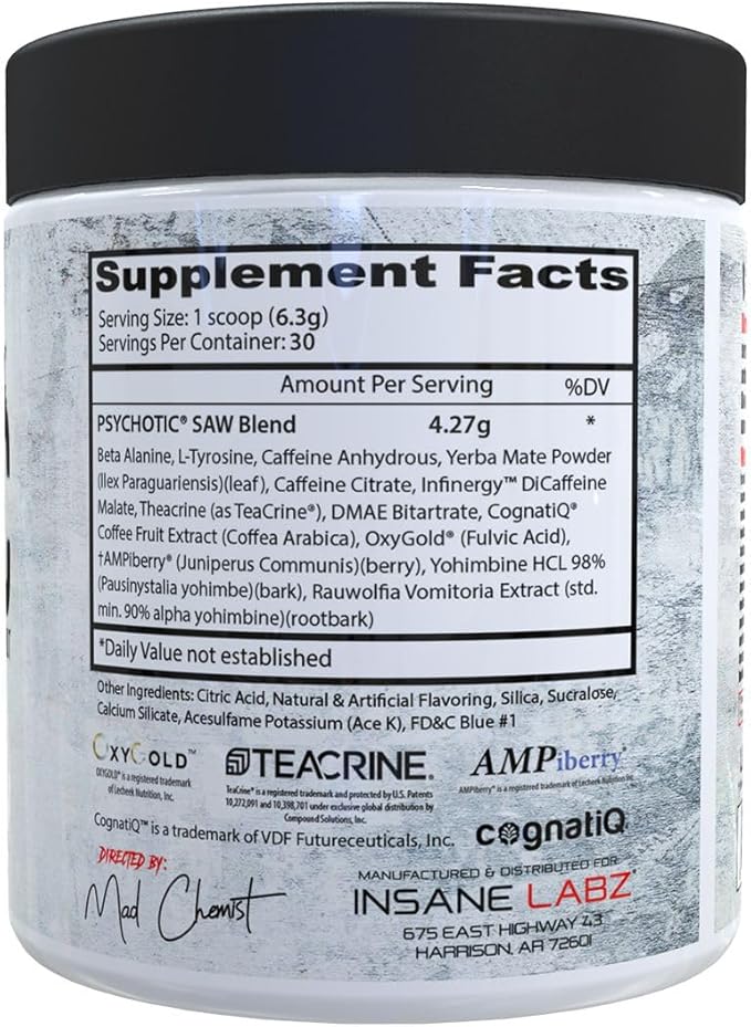 Insane Labz Psychotic SAW, High Stim Pre Workout Powder with OxyGold­??and AMPiberry®,Extreme Lasting Energy with Teacrine®,Focus with CognitIQ® and Endurance (30 Servings (Pack of 1), Blue Raspberry)