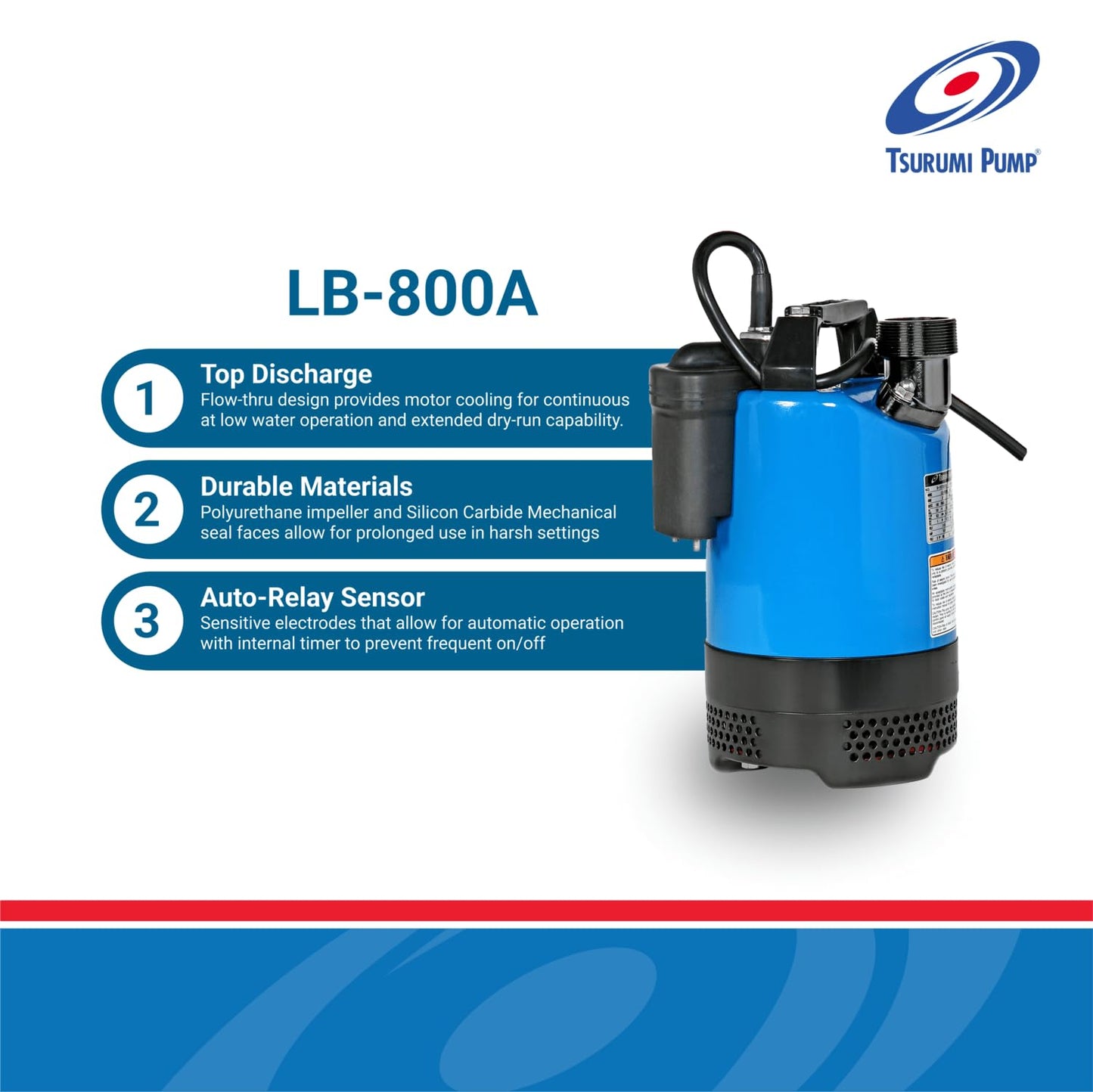 Tsurumi Pump LB-800A Submersible Dewatering Pump -Relay Switch 1 HP 115V 2 in Discharge For construction & dewatering applications where auto operation is needed | 80 GPM / 4800 GPH