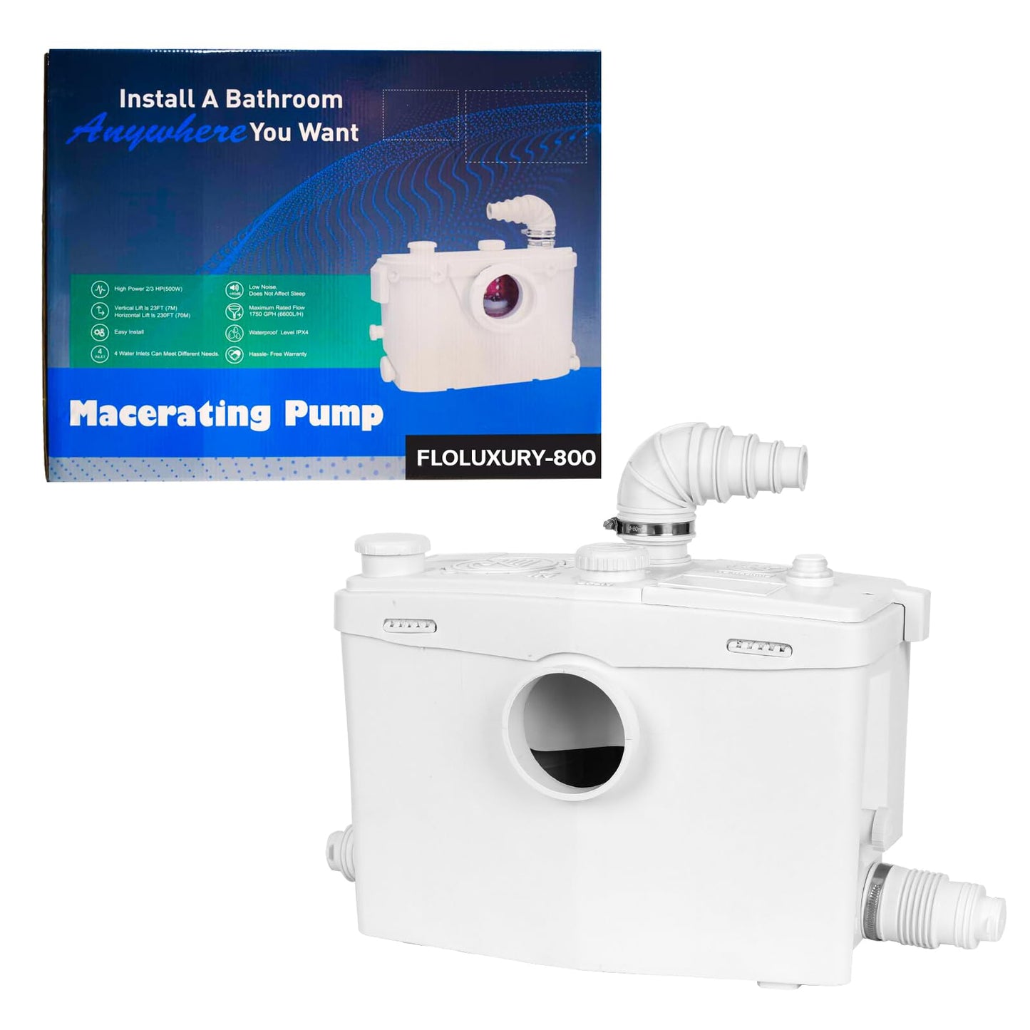 800Watt Macerator Pump for Basement Upflush System, Macerating Toilet Pump with 4 Water Inlets & 2 Outlets for Kitchen/Sink/Basin/Toilet Waste Water Disposal, 36ft Vertical Pumping