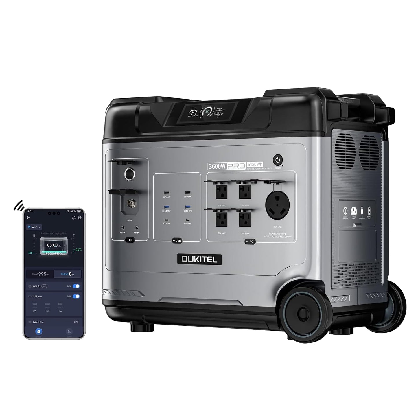 P5000 Pro 5120Wh Portable Power Station, 3600W(7200W Surge) Solar Generator with LiFePO4 Battery, 5×3600W AC Output, for Emergency, Home Backup, RV, Camping