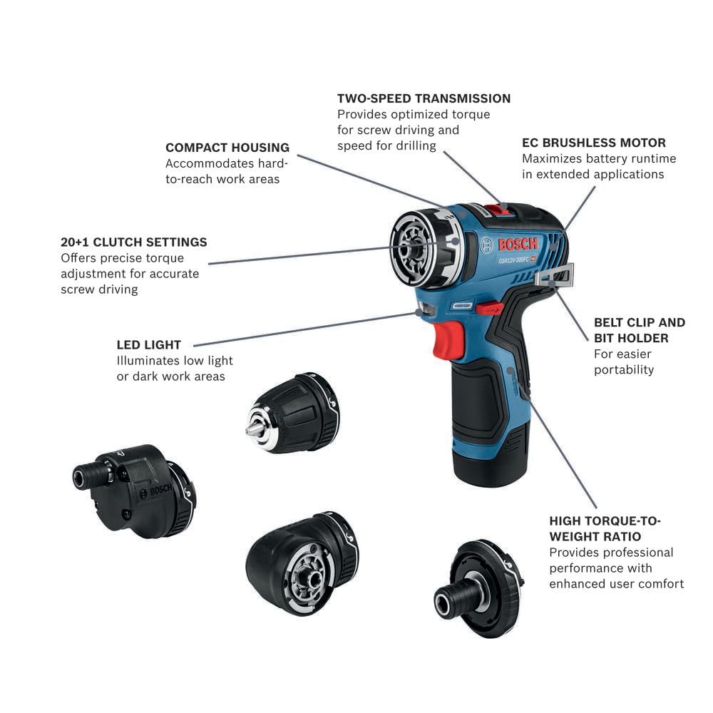Bosch GSR12V-300FCB22 12V Max Drill/Driver with 5-In-1 Flexiclick® System with (2) 2.0 Ah Batteries