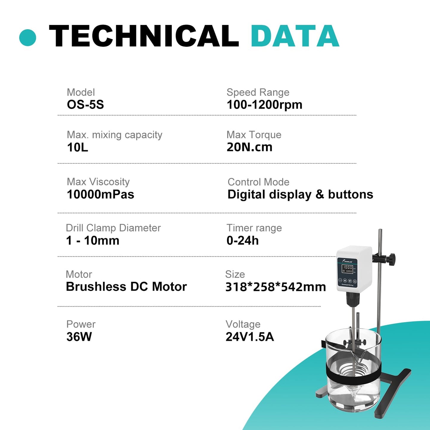 JOANLAB Digital Overhead Stirrer Mixer Set 10L Capacity Max viscosity10,000mPas, Lab Mixer Stirrer 100-1200rpm Lab Overhead Mixer with Support Stand&Two Stirring Rods
