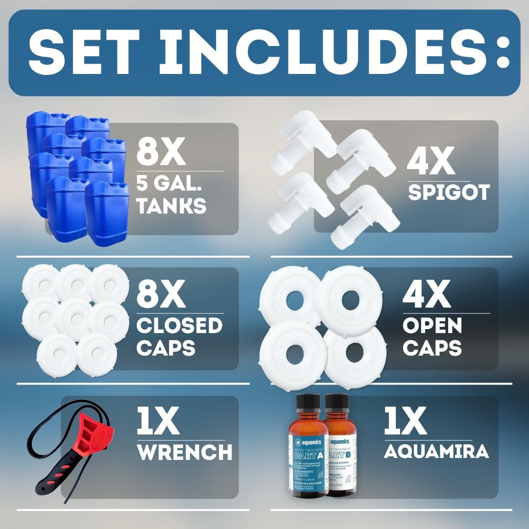 Aguaprep 5-Gallon Stackable Water Storage Containers, Water Treatment, 12 Lids + 4 Spigot, Easy Fill, Survial Supply Emergency Water Storage for Disaster Preparedness, 40 Gallon (8 Tank)