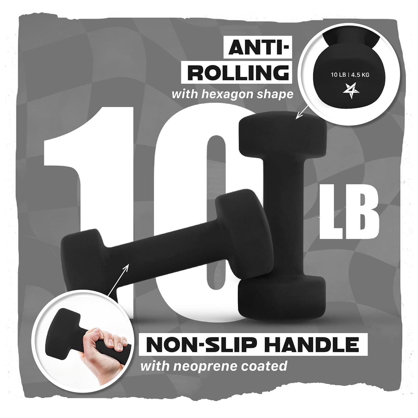 Yes4All Neoprene Coated Dumbbell Hand Weight Sets of 2 - Multiple Weight Options with 15 Colors, Anti-roll, Anti-Slip, Hexagon Shape, Black, 10 lb Pair