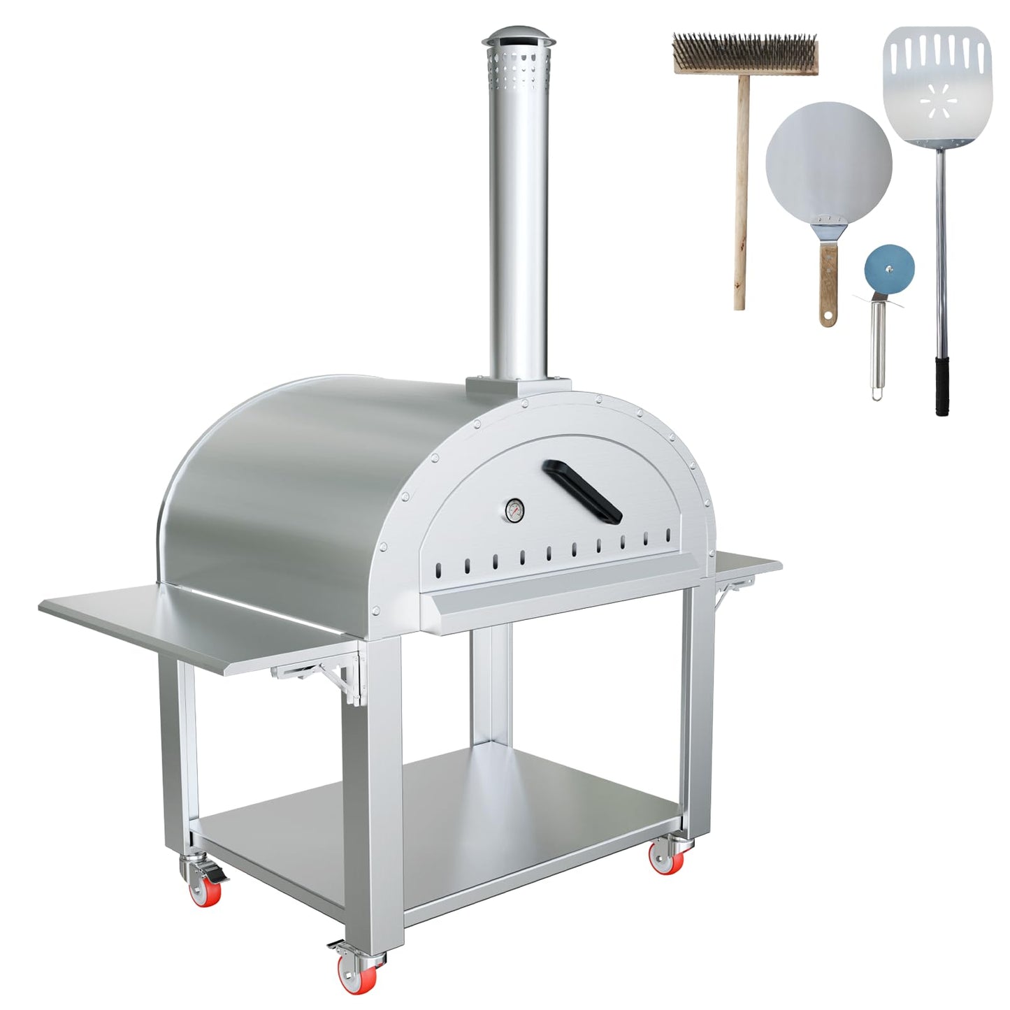 Pizza Oven, Outdoor Pizza Oven 44 Inches, Wood Fire Pizza Oven with Wheels, Stainless Steel Pizza Maker for Outdoor Kitchen, Backyard, Patio, Garden & Restaurant