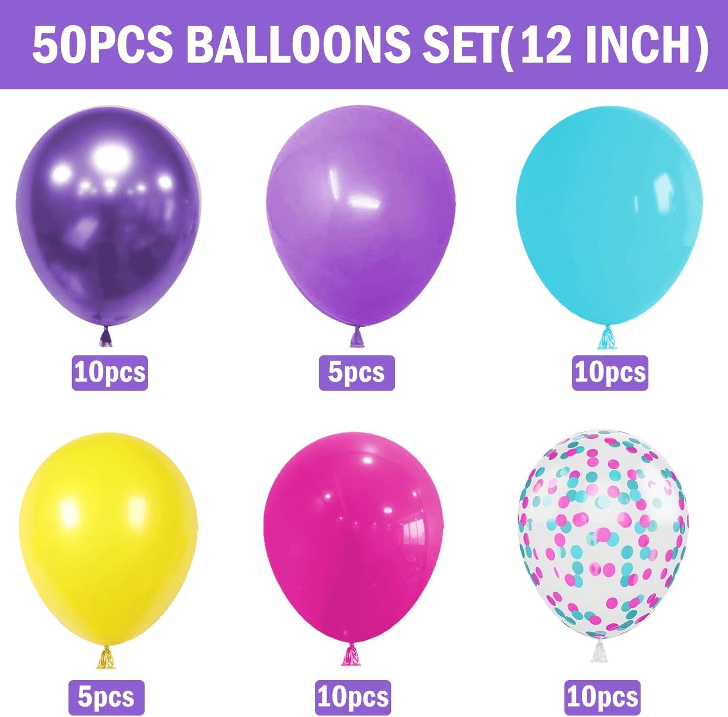 Skiennix 50 Pcs 12 Inch Hot Pink, Purple & Teal Balloons | Metallic Confetti for Birthday & Baby Shower Decor