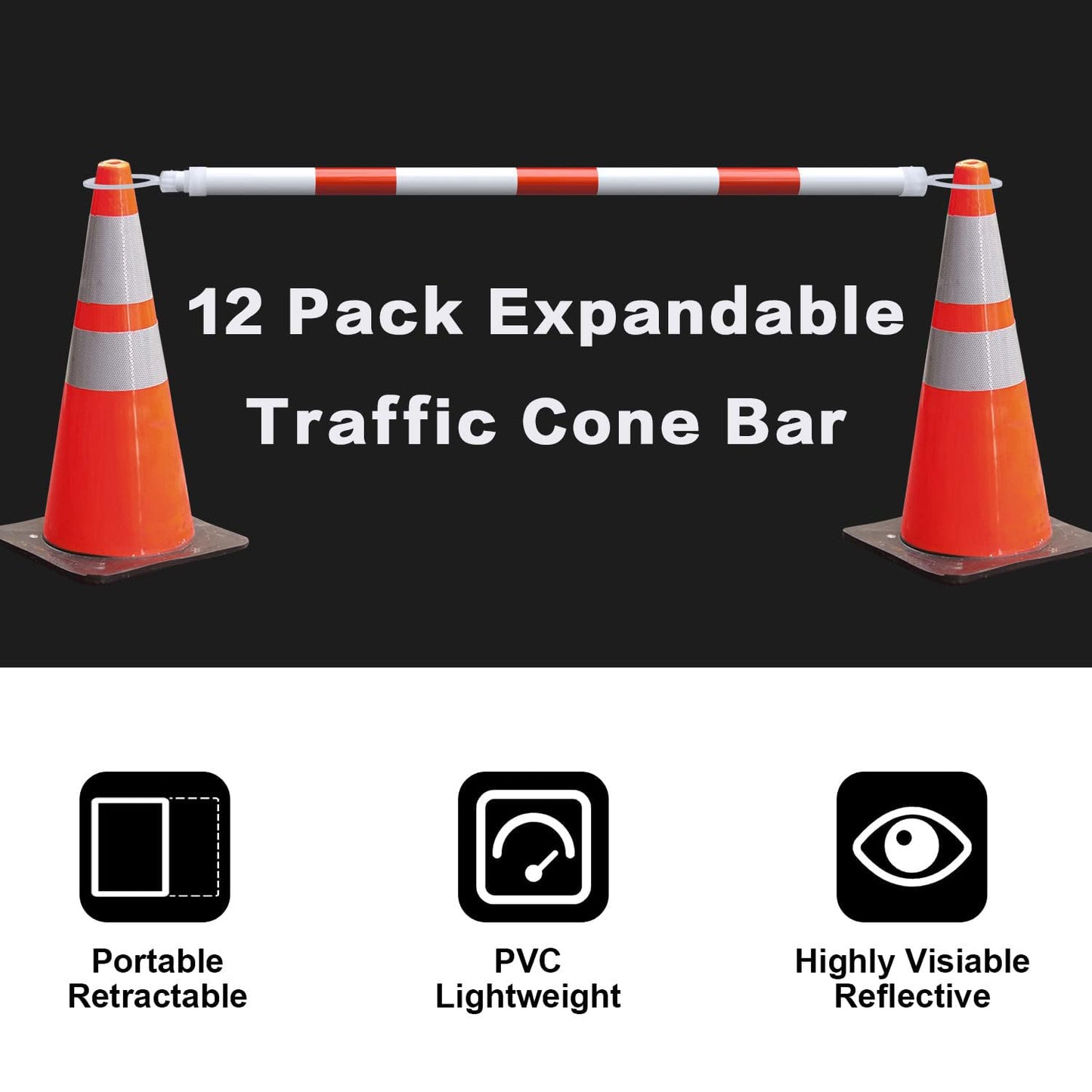 AIWFL 12 Pack Retractable Traffic Cone Bar from 3.93ft to 7.21ft, Expandable Traffic Cone Bar for Parking Lots Reflective Safety Cone Barrier Bar for Road Construction White/Red