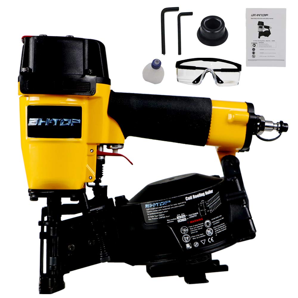 BHTOP CN45N Roofing Nailer, 15 Degree Roofing Nail Gun & 600 Count Coil Roofing Nails 1-1/4 Inch x .120-Inch