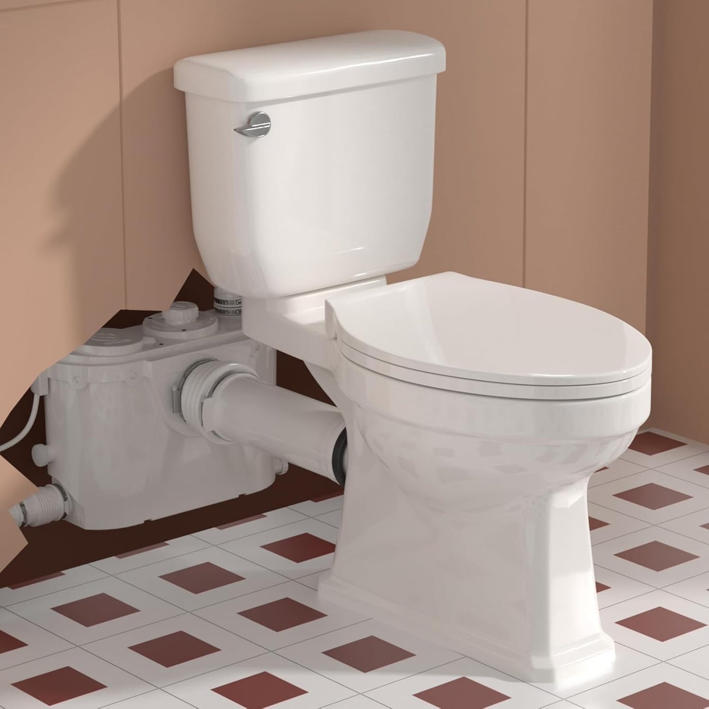 Upflush Macerating Toilet, Two Piece Elongated Tall Toilet with 4 Inlets Macerator Pump for Residential Basement Toilet, Sink, Shower Wastewater Disposal, Auto Start & Stop, Sewage Grinder System