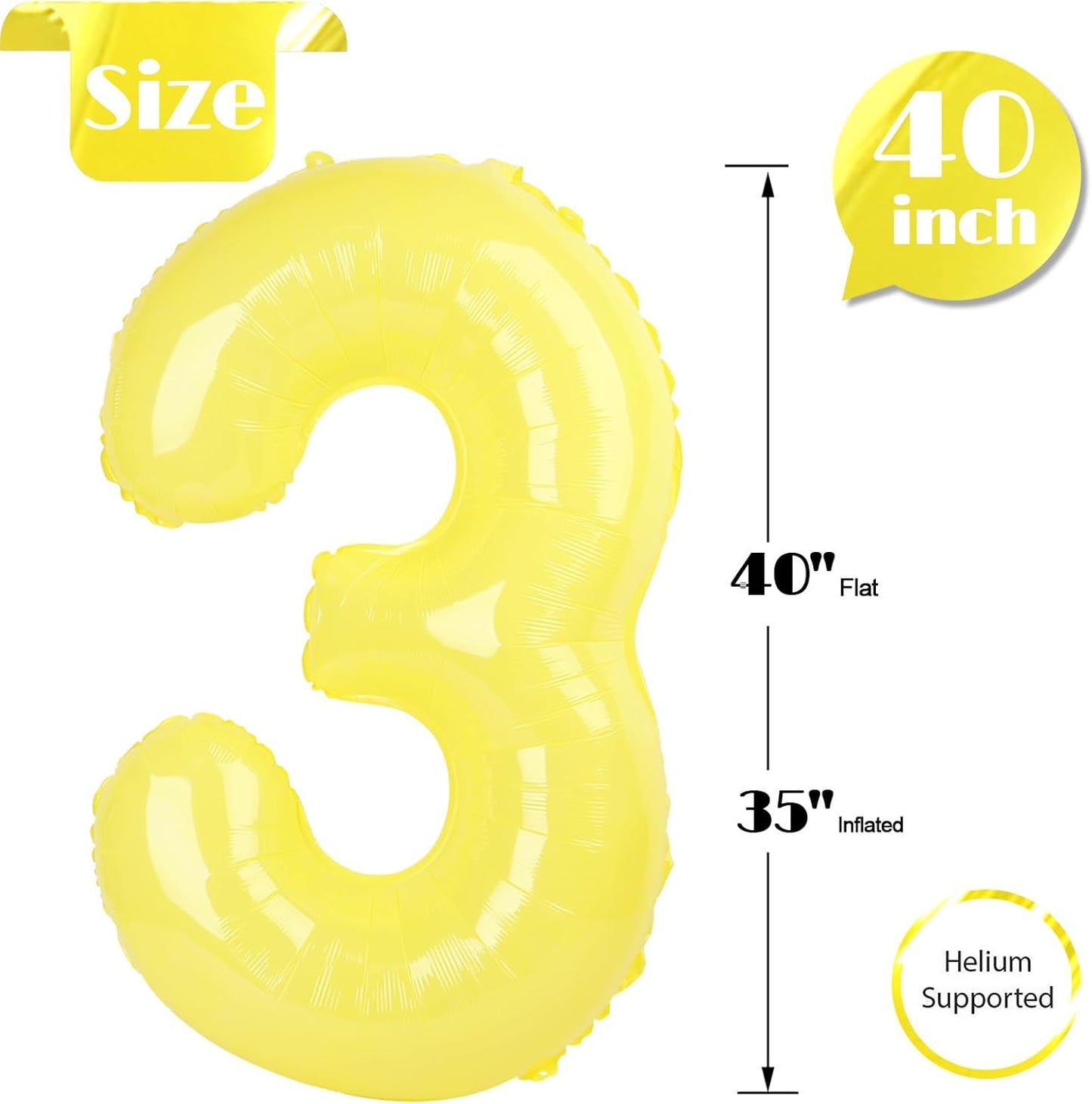 Yellow 3 Balloon | 40-Inch Number Balloon for 3rd Birthday Decorations - Perfect for Kids & Women Parties