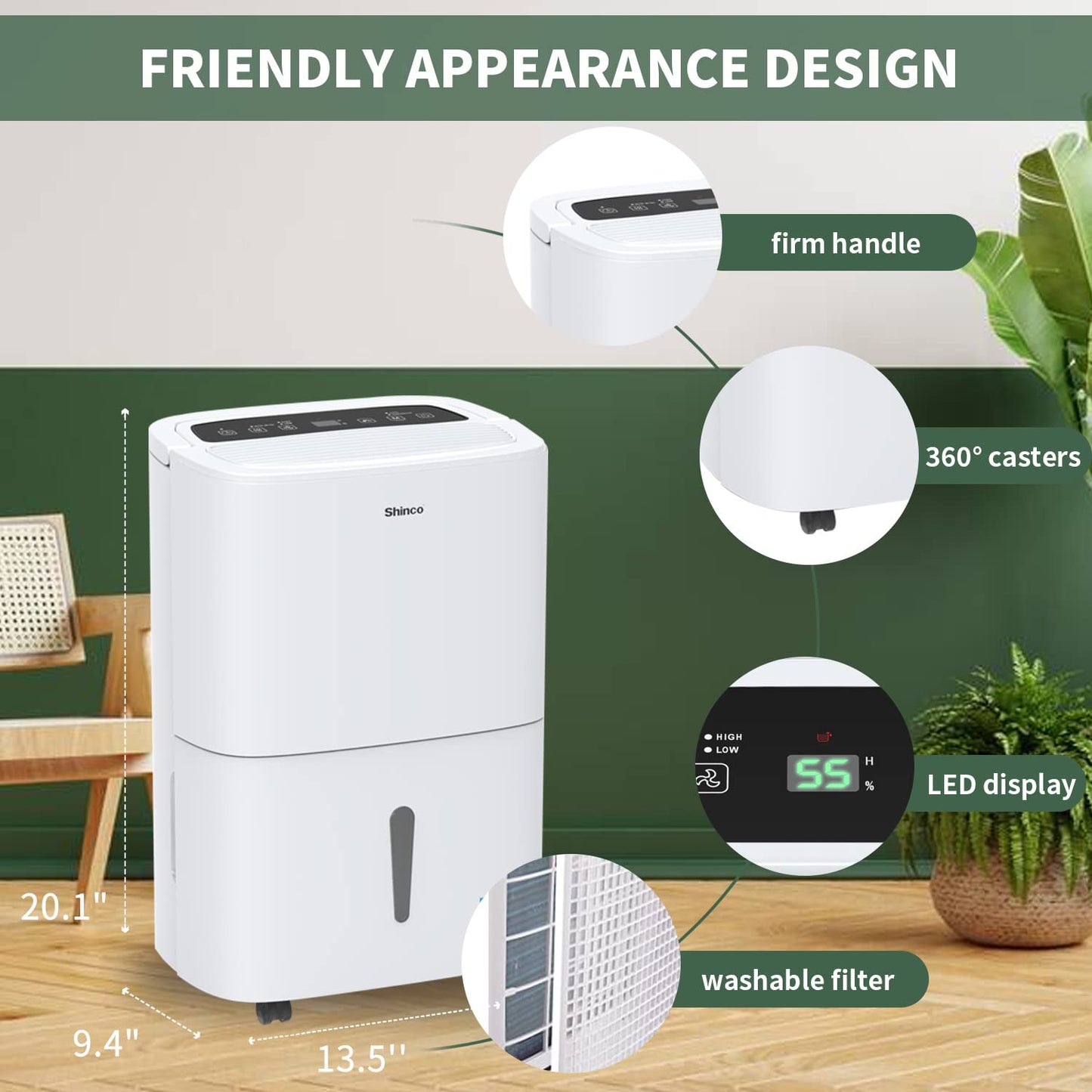 Shinco 6,000 Sq.Ft Energy Star Dehumidifier with WIFI, Ideal for Large Rooms and Home Basements, Efficient Moisture Removal with Adjustable Humidity Control, 1.32 Gallons Water Tank