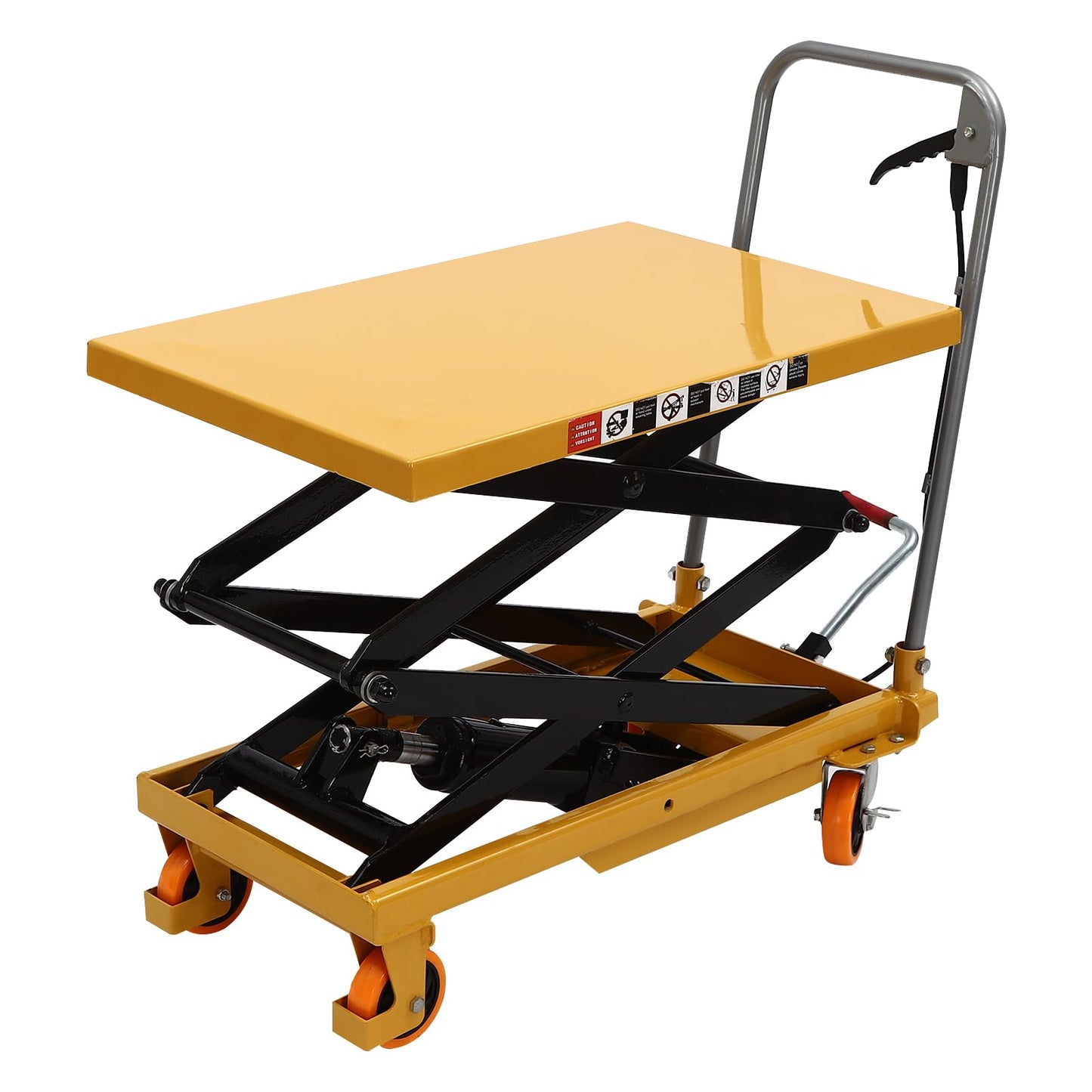 Hydraulic Lift Table Car, 45" Lifting Height, Manual Double Scissor Lift Tablewith 4 Wheels and Safety Back Guard,Hydraulic Scissor Cart for Material Handling and Transportation