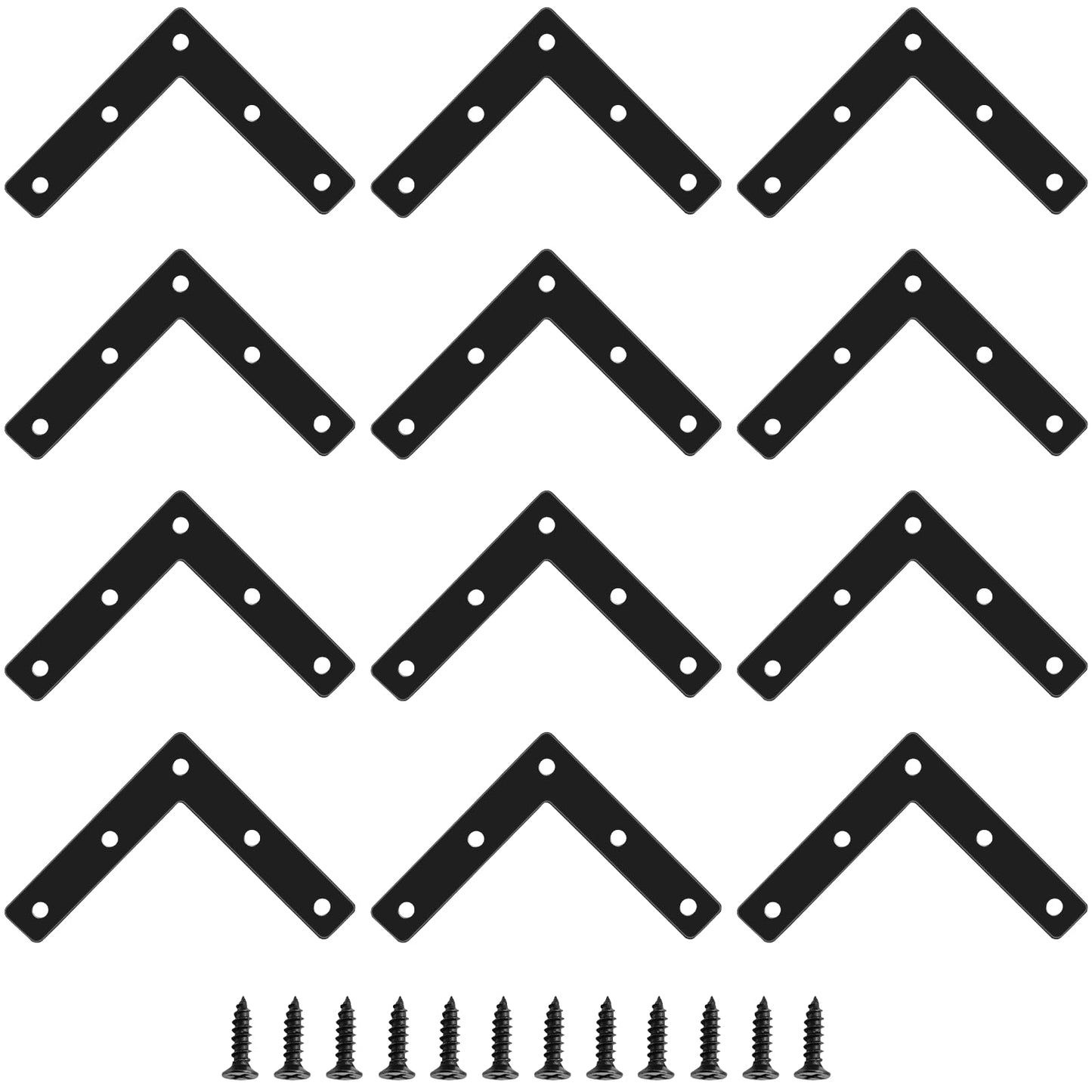 Rierdge 12 Pcs 3.15" x 0.62" L-Shape Corner Brace Brackets, 90°Angle Flat Mending Repair Plates Corner Brackets with Screws, Black
