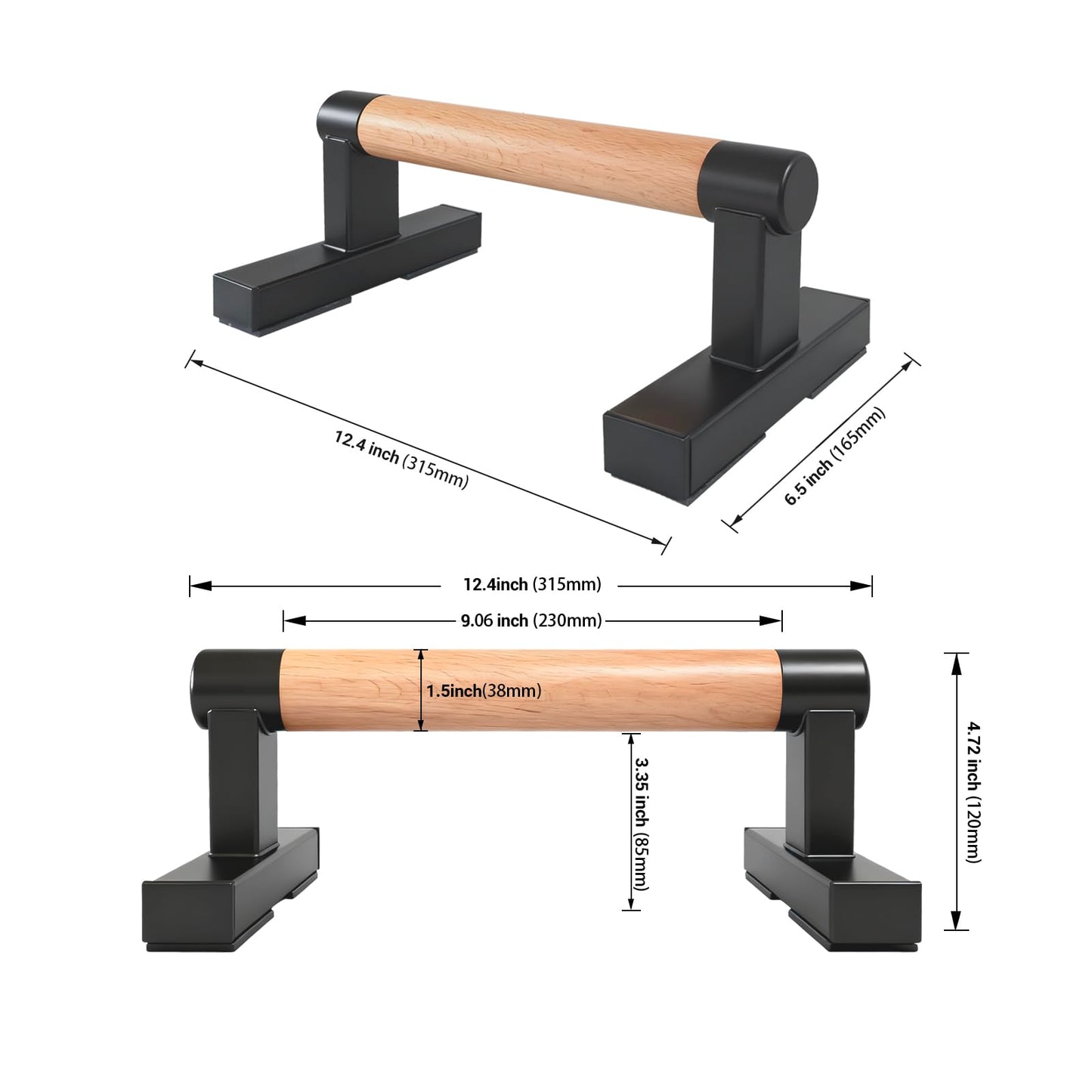 BESTWEI 1 Pair Solid Wooden Parallettes Bars for Calisthenics, Heavy Duty Metal Brackets Pushup Handles Home Floor Workout Push Up Bars, Gymnastics Handstand Training Bar 600LBS-12inch