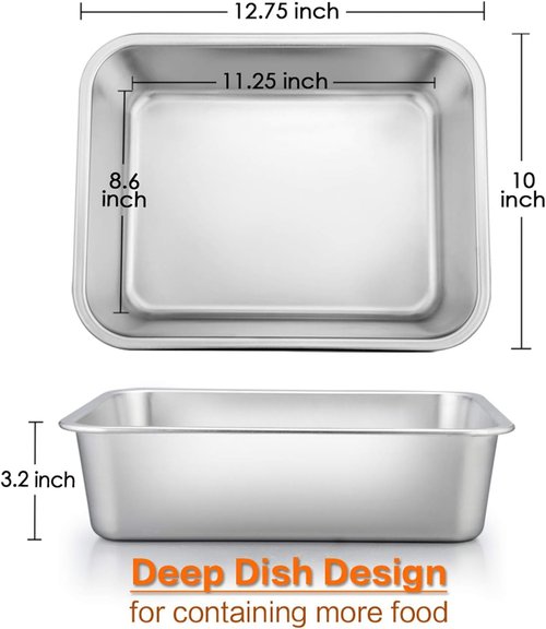 E-far Deep Lasagna Pan - Stainless Steel Roasting Dish, 12.75 x 10 x 3.2 Inches, Non-Toxic & Dishwasher Safe