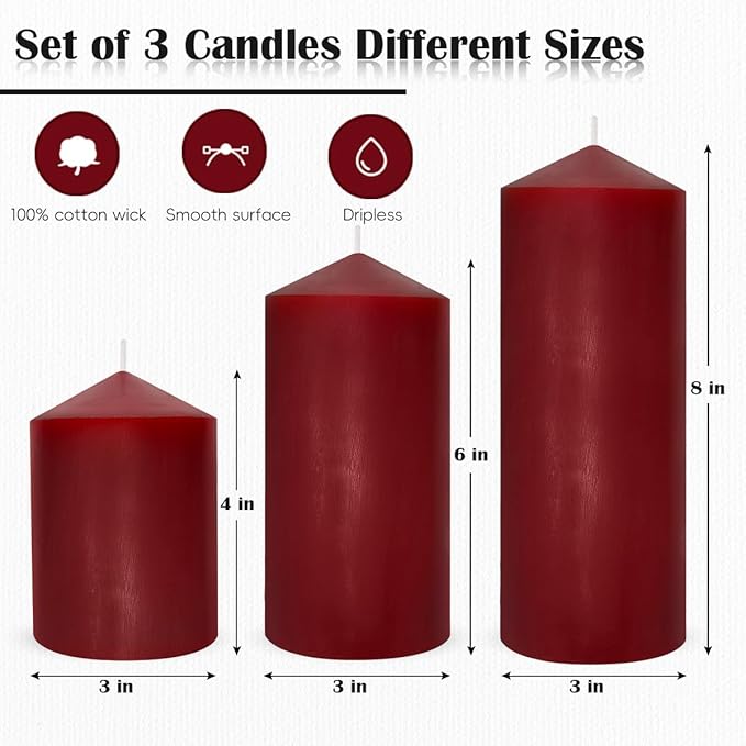 Dripless 3x4 3x6 3x8 Inch Red Burgundy Pillar Candles, 3 Packs Unscented Long Lasting Large Solid Colored Different Sizes Cylinder Column Candles for Home Table Decor Power Outage Emergency