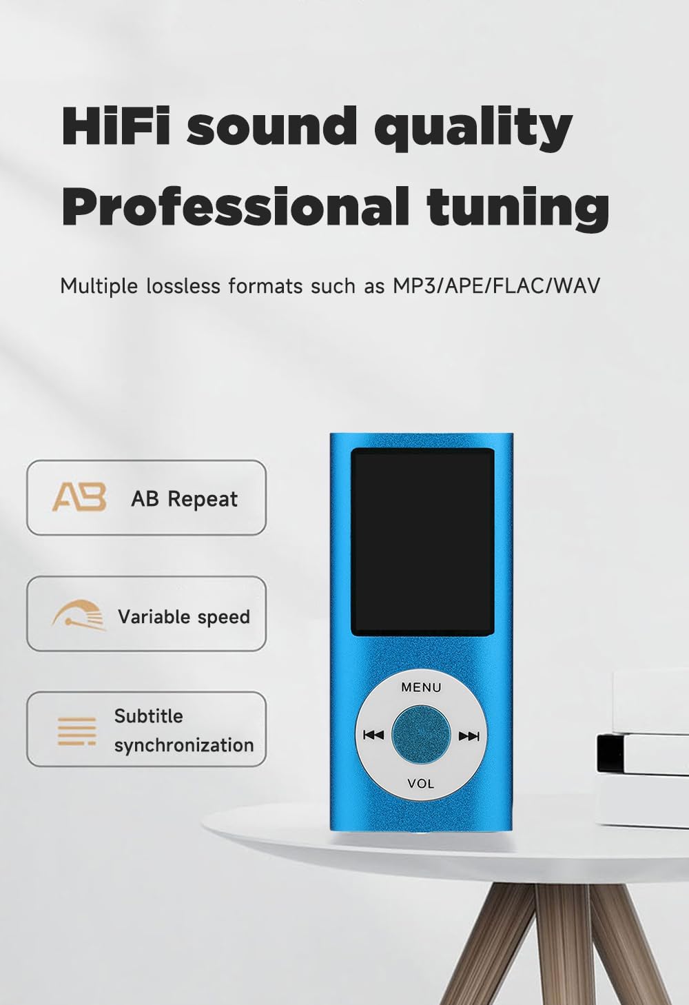 FKLBBLPM MP3 MP4 Portable Music Player, LCD Screen with Equalizer Display, MENU and VOL ControlsBlue