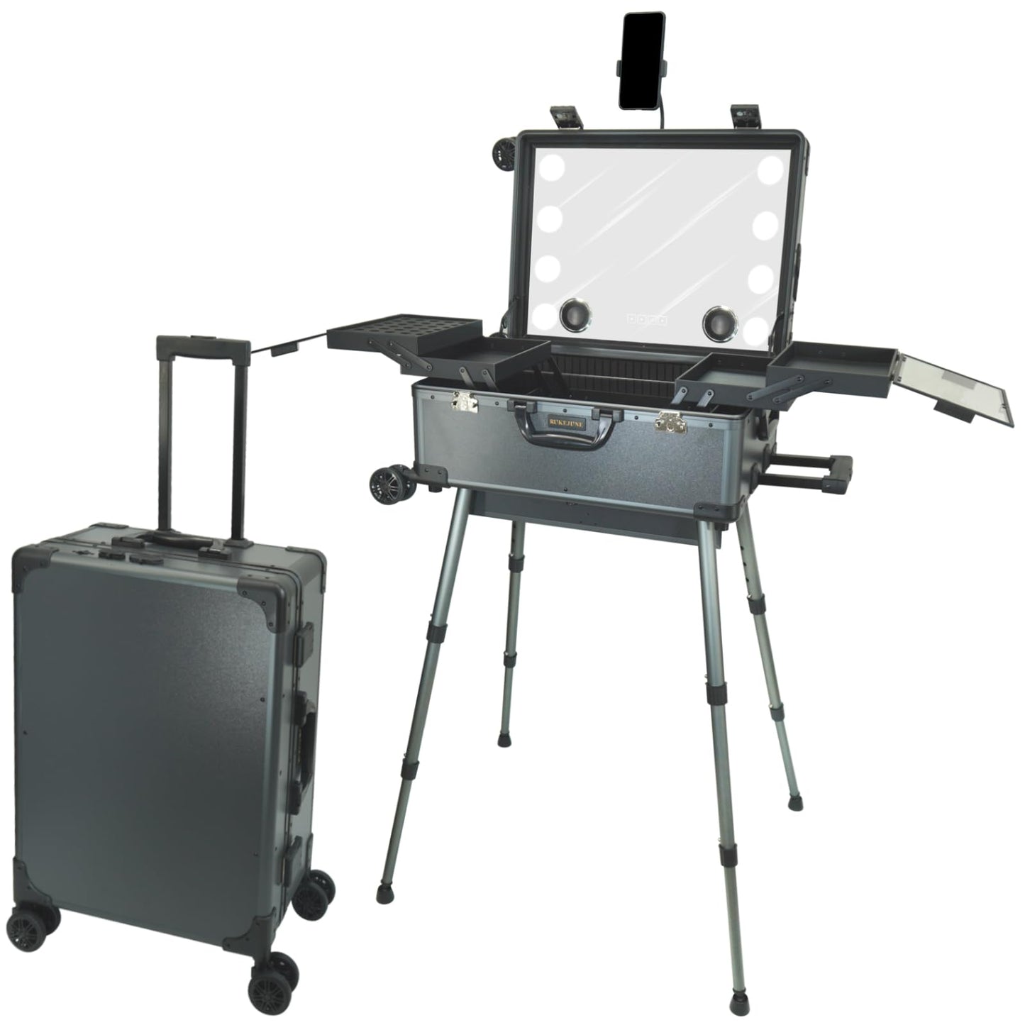 RUKEJUNE Rolling Makeup Train Case with Mirror and Lights Cosmetic Travel Box Mobile Barber Stations with Bluetooth, Speaker, Wheels, Stands