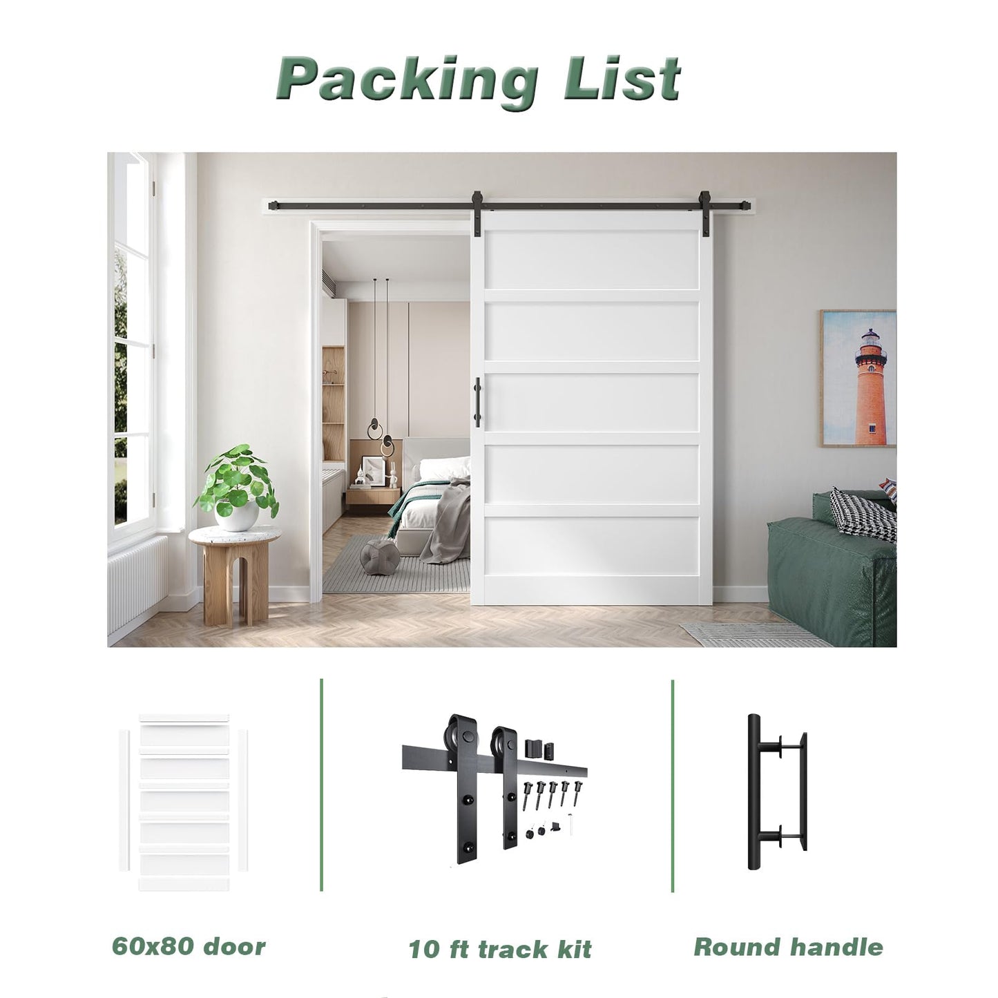 Fredbeck 60inx80in Barn Door White with 10FT Sliding Door Hardware Kit Included & Handle,MDF,Solid PVC Surface,DIY Assembly,5-Panel