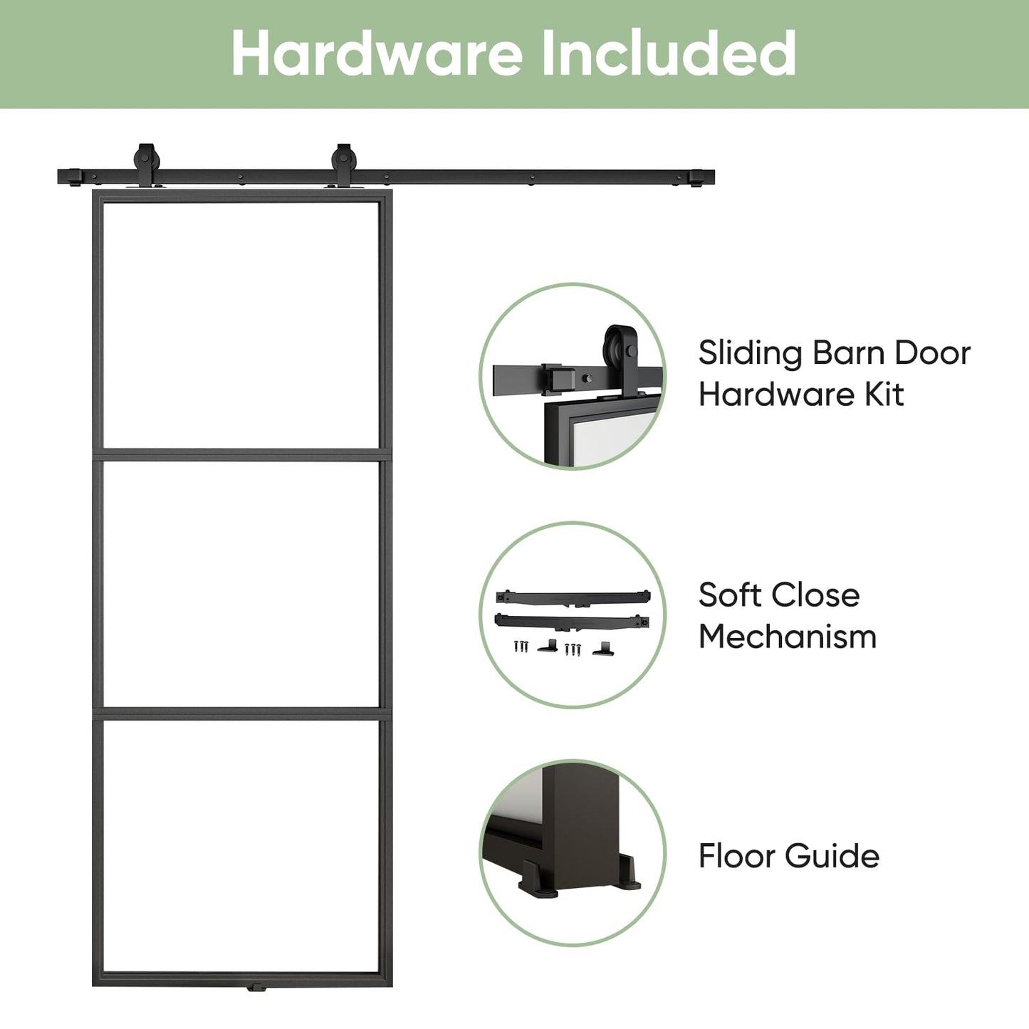 BARNSMITH 36in x 96in Frosted Glass Barn Door and 6FT Hardware kit Included, Soft Close Mechanism,Black Carbon Steel Tempered Frosted Glass Sliding Barn Door, Easy Assembly