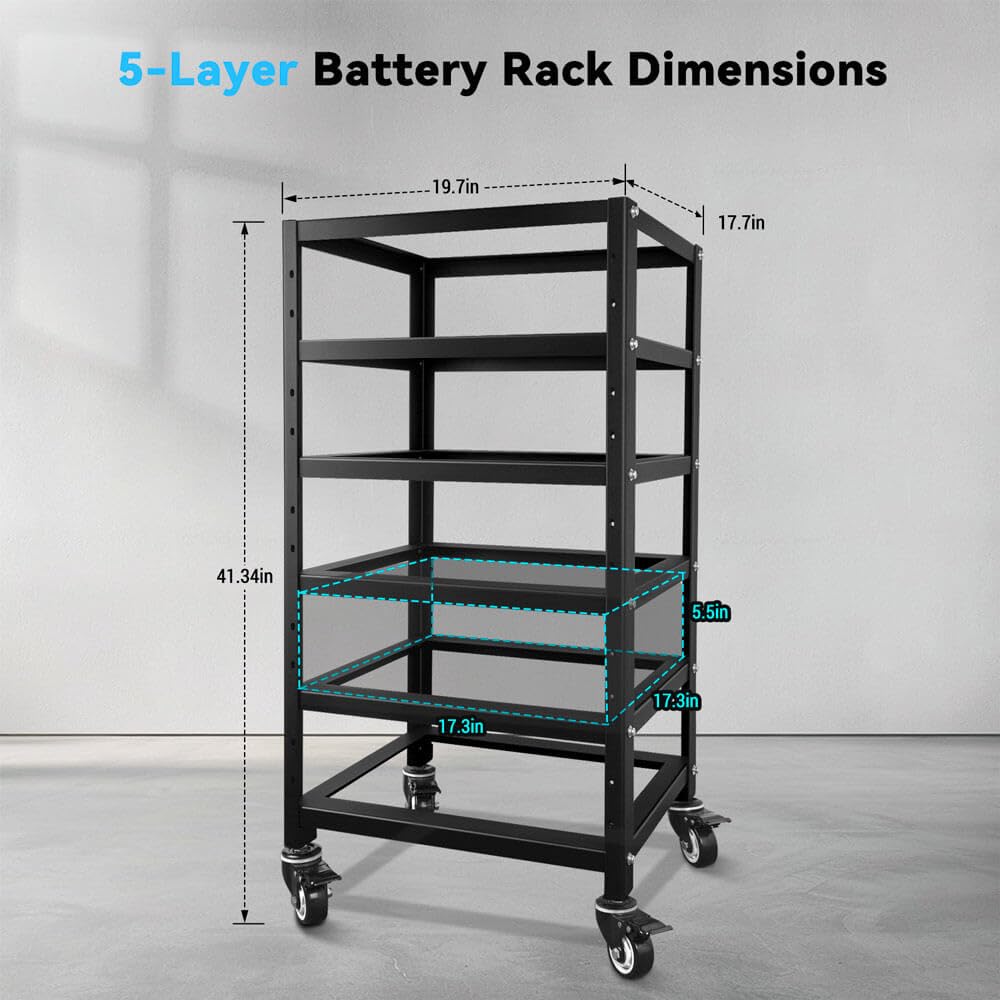 SUNGOLDPOWER 3U Server Rack 5-Layer for Stackable 48V 100AH Rack Lithium Batteries, Open Ventilation Design with Wheels, for Solar System and Energy Storage